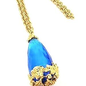 GIANNI VERSACE Medusa Blue Crystal Teardrop Necklace 30" Gold Tone Auth D-j1122